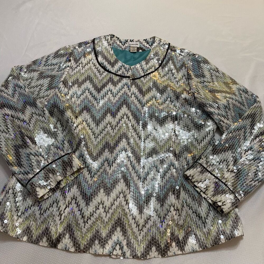 Chico’s All Over Blue Green Grey Sequin Zig Zag Jacket Size 3 US XL